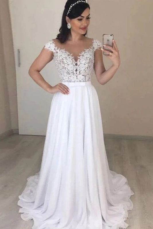 Chiffon Long Cap Sleeves Wedding Dress Plus Size Lace Applique A-line Bridal Dress OKW21