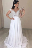 Chiffon Long Cap Sleeves Wedding Dress Plus Size Lace Applique A-line Bridal Dress OKW21