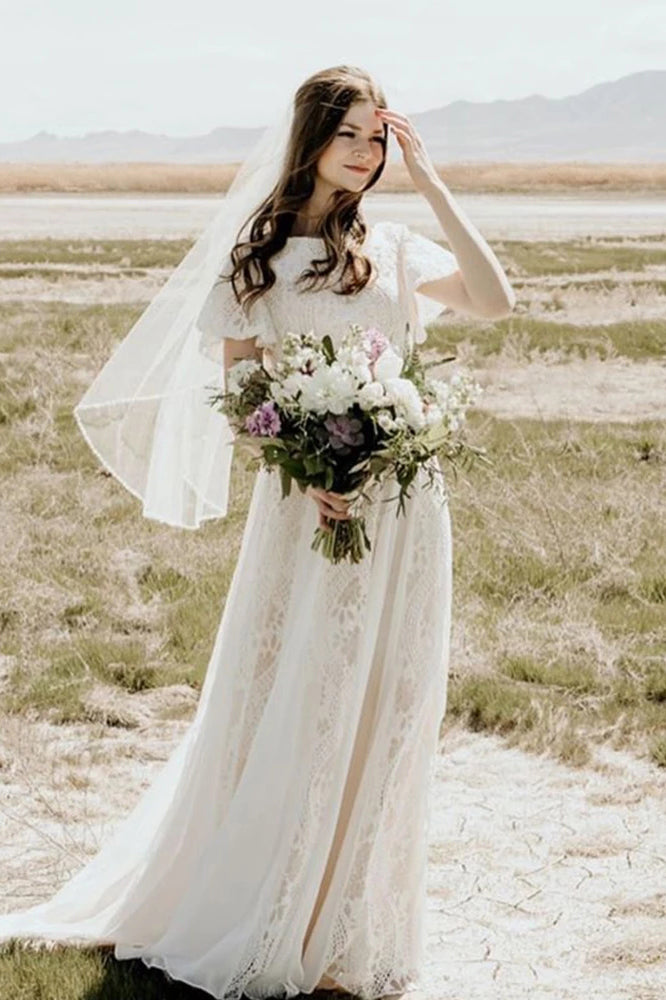 Lace Bohemian Boat Neck Bridal Dress Short Sleeves Beach Destination Wedding Gown OKZ31