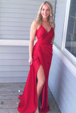 Simple Prom Dresses,Red Prom Gown,V-Neck Prom Dress,Spaghetti Straps Prom Dress,Slit Side Prom Dress