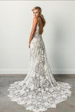 New Arrival Lace Backless V-Neck Ivory Spaghetti Straps Beach Wedding Dresses OKC71