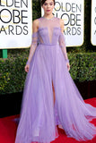 Celebrity Dresses,Lilac Prom Dresses,Tulle Prom Gown,Long Sleeves Prom Dress,See Through Prom Dress,Prom Dress With Slit
