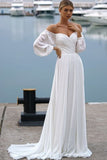 Boho A Line Chiffon Off-the-shoulder Beach Wedding Dress with Long Sleeves OK1582