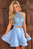 Baby Blue Homecoming Dresses,Two Piece Homecoming Dress,SilverProm Dresses,Lace Prom Dress,Short Homecoming Dress,Satin Homecoming Dresses,Open Back Prom Dress