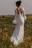 Off White Square Neck Long Sleeves Long Simple Wedding Dress with Slit OK1622