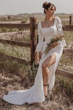 Off White Square Neck Long Sleeves Long Simple Wedding Dress with Slit OK1622