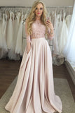Two Piece 3/4 Sleeves Floor-Length Pink Satin Prom Dresses with Lace Pockets OKI77