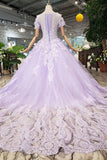 Lilac Ball Gown Short Sleeves Prom Dress with Lace, Quinceanera Dress OKL41