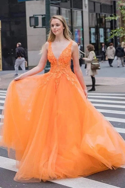 A-line Tulle Appliques Orange V Neck Prom Dress Long Evening Dress Dance Dress OKU31