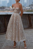 Strapless A Line Sparkly Ankle Length Prom Dress School Party Dress OK1381