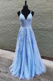 Blue Lace Appliques Tulle V Neck Long A-line Senior Prom Dress OKY83