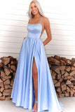 High Slit Spaghetti straps Sky Blue Long Simple Prom/Evening Dress With Pockets OKX18