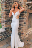 White V-Neck Appliques Backless Mermaid Long Formal Prom Dress OK1528