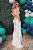 White V-Neck Appliques Backless Mermaid Long Formal Prom Dress OK1528