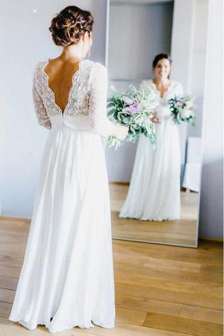 3/4 Sleeves Chiffon Beach Wedding Dresses with Lace, V Neck Backless Bridal Dress OKN90