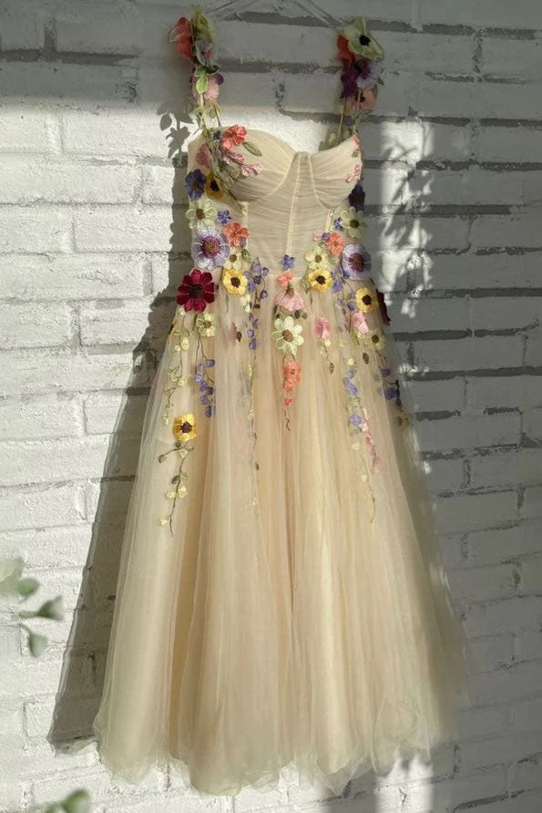 Colorful Pattern Appliques Formal Party Dresses 3D Flowers Straps Prom Dress OK1975