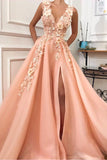 Charming V neck Long Prom Dresses,Tulle Evening Party Dress with Flower OKH55