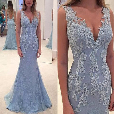 Elegant Lace Blue Long Mermaid Prom Dress,Charming Evening Party Gown OK138