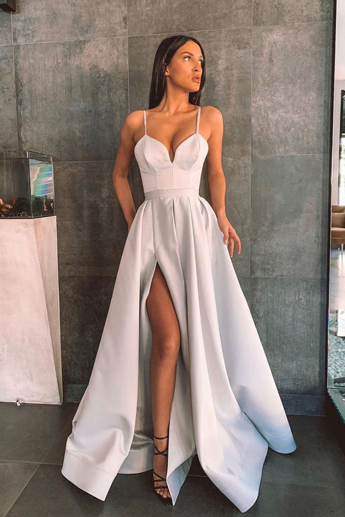 Simple A-line Spaghetti Straps Gray Long Prom Dress With Split Front OKW89