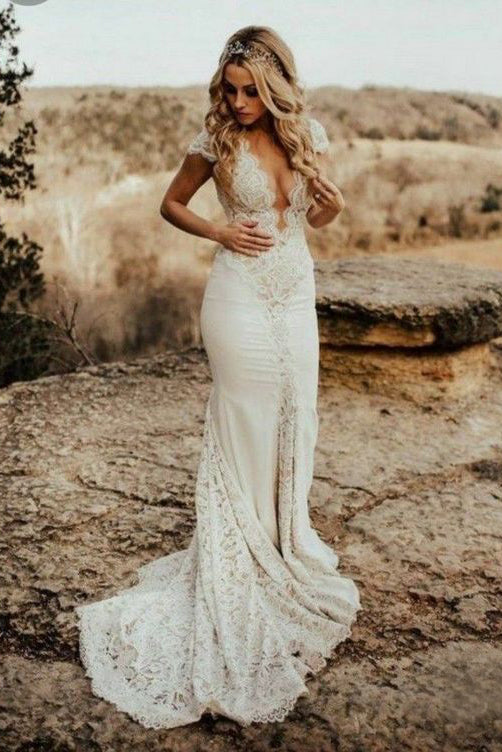 Chic Mermaid Round Sheer Neck Cap Sleeves Wedding Dress With Lace Beach Bridal Dress OKY5