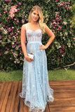 Stunning Lace Straps Floor Length Prom Dresses A Line Long Blue Formal Dresses OKZ85