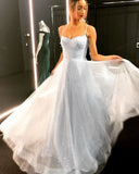 Sparkly Spaghetti Straps A-line Tulle Sequins Long Prom Dress OKW87