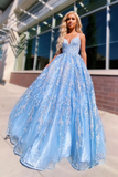 Charming V Neck Lace Sky Blue A-line Spaghetti Straps Prom Dress with Appliques OKW88