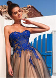 Modest Tulle Strapless A-line Long Prom Dress With Lace Appliques OK916