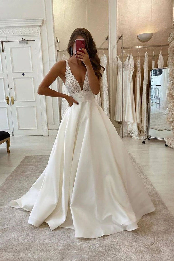 White Deep V Neck Satin Lace Top Long Prom Dress Wedding Dress OKU41