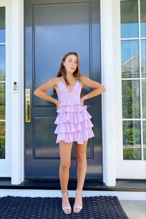 A-line V Neck Light Lavender Short Homecoming Dress Layered Cute Graduation Dress OK1850