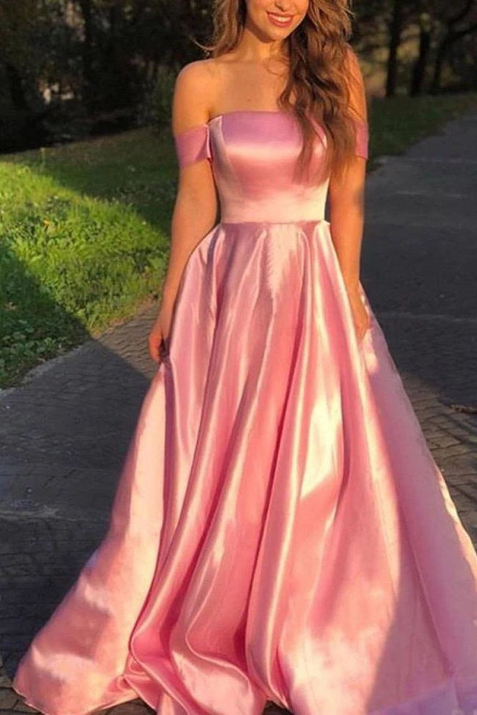 Simple Blushing Pink Off Shoulder A-line Satin Long Prom Dress OKW90