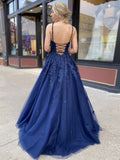 Navy Blue Spaghetti Straps Tulle Prom Dress V-Neck Long Appliques Evening Dress OKX19