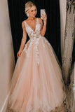 V Neck Lace Blush Pink Tulle A-line Long Lace Appliques Prom Dress OKX35