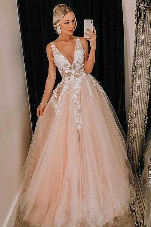 Pink Tulle V Neck Long Senior Prom Dress Formal Dress With Applique OKQ84