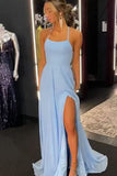 Sky Blue Chiffon Prom Dresses Halter Sheath Long Evening Party Dress OK1937