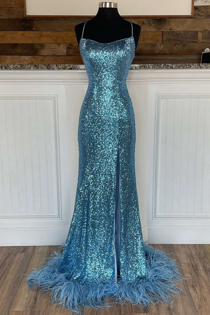 Ice Blue Sequined Criss Cross Mermaid Spaghetti Straps Long Prom Dress OK1527