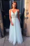 Chic A Line Tulle Light Blue Long Prom Dress with Lace Appliques Evening Gown OK1415