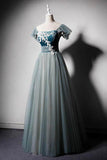 Vintage A-line Tulle Long Appliques Formal Prom Dresses Evening Dresses OKV4