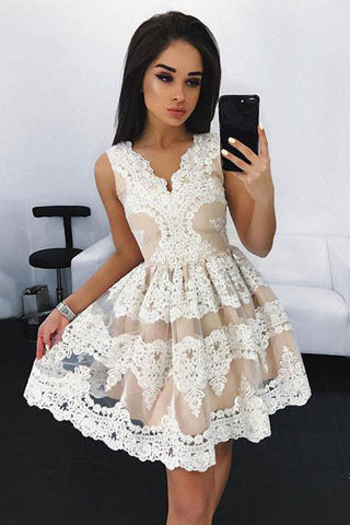 Off White Lace Short Prom Dress, Sweet A Line Homecoming Dresses OKD97