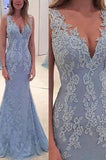 Elegant Lace Blue Long Mermaid Prom Dress,Charming Evening Party Gown OK138