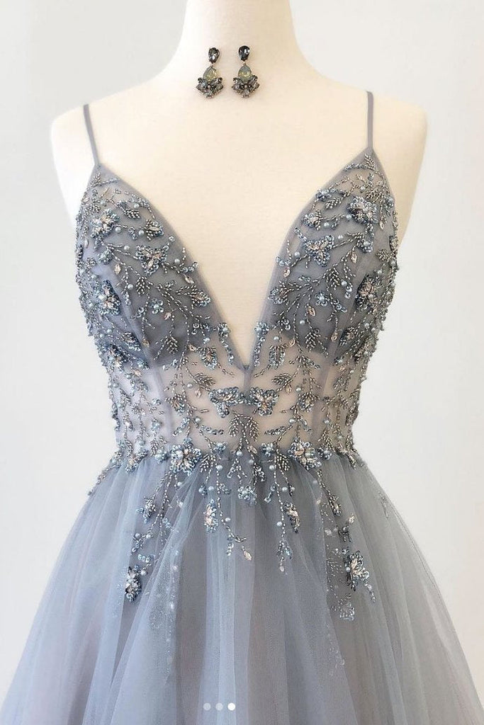 Gray Spaghetti Straps Beaded Tulle A-line Prom Dress Evening Party Dress OKS52