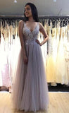 A-line V neck Floor Length Tulle Prom Dress Beaded Long Evening Gowns OKY14