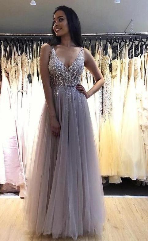 A Line V neck Floor Length Tulle Prom Dress Beaded Formal Evening Gowns OKY14