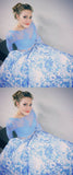 Two Piece Prom Dress With Long Sleeves, White Blue Printed Prom Dresses OKH51