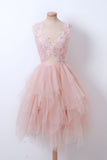 A-line Pink Tulle Lace Top Ruffles Short Homecoming Dress Graduation Dress OKZ17