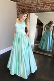 A-line Long Mint Satin Beaded Prom Dress With Pockets Evening Dress OKT77