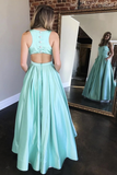 A-line Long Mint Satin Beaded Prom Dress With Pockets Evening Dress OKT77