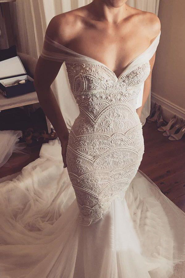 Stunning Lace Mermaid Off-The-Shoulder Tulle Wedding Dress OKU85