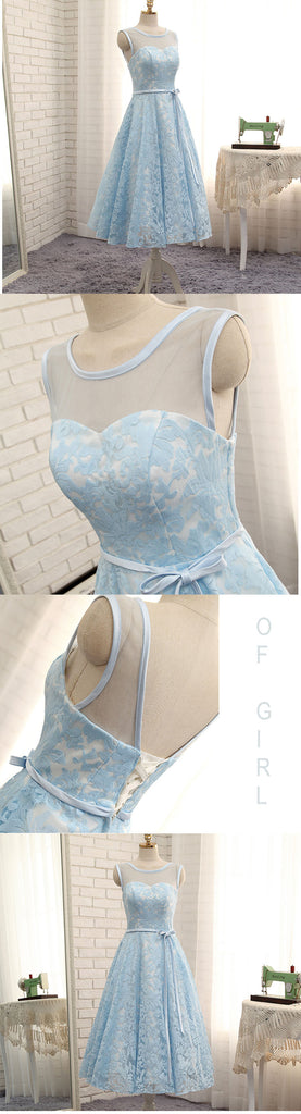 High Quality Blue A Line Lace Short Prom Dresses,Sleeveless Homecoming Dresses OK470