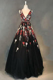 Charming V-Neck Black Floral Appliques Beading Sleeveless Long Prom Dresses OKI40